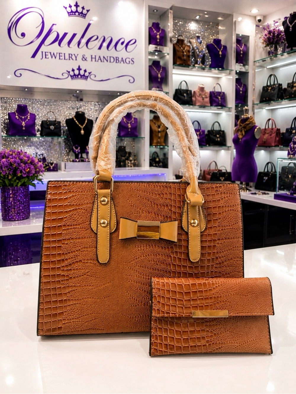Croc-Embossed Bow Satchel in Cognac
